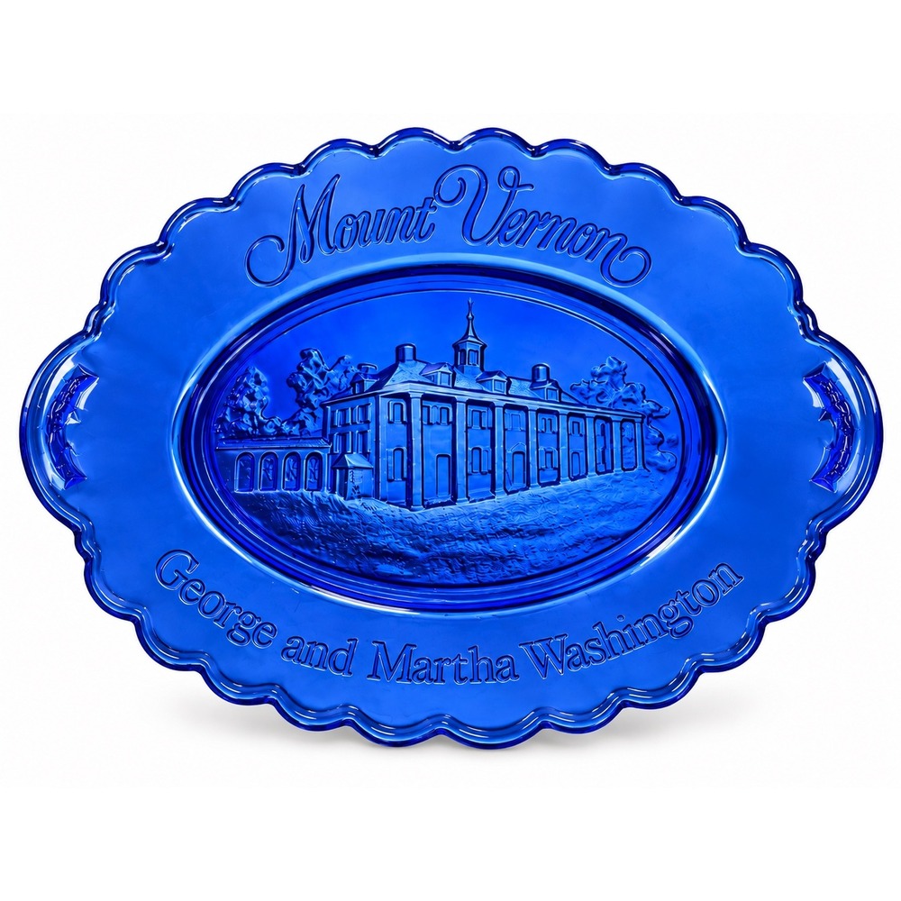 Avon Mount Vernon George Martha Washington Cobalt Blue Glass Platter Vintage